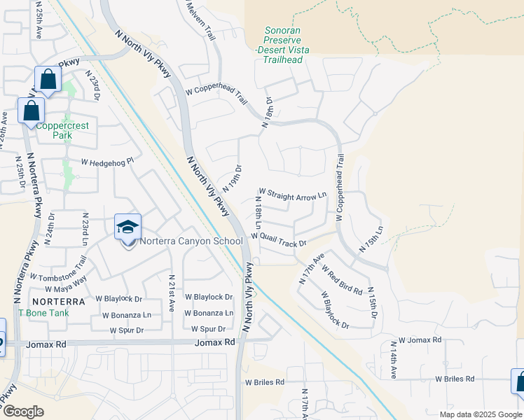 map of restaurants, bars, coffee shops, grocery stores, and more near 1831 West Fetlock Trail in Phoenix