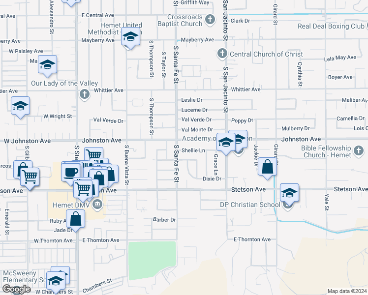 map of restaurants, bars, coffee shops, grocery stores, and more near 940 Shellie Lane in Hemet