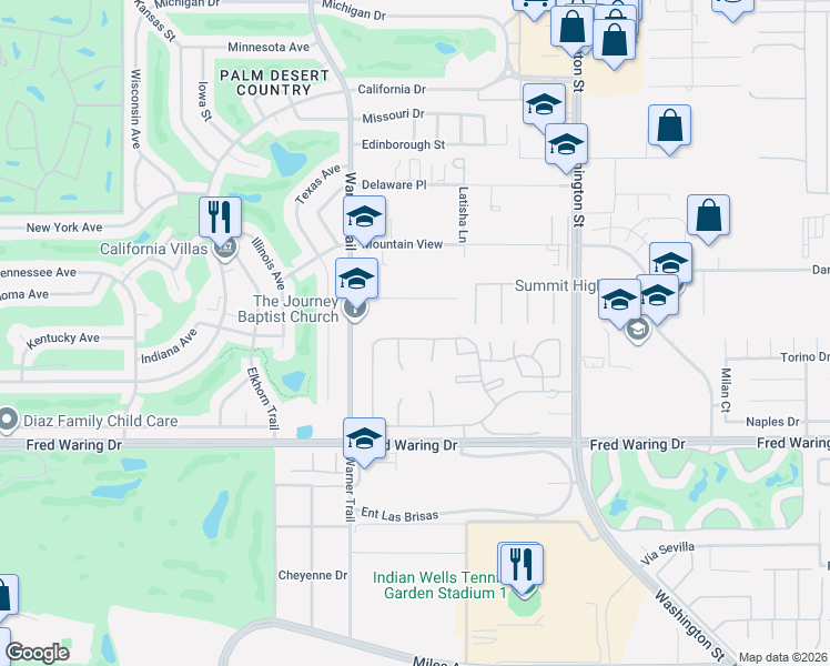 map of restaurants, bars, coffee shops, grocery stores, and more near 77630 Cll Las Brisas West in Palm Desert