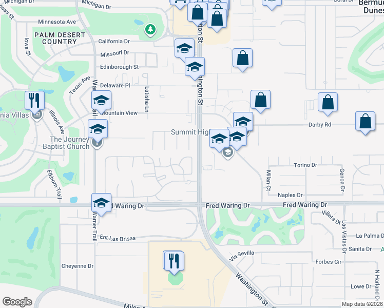 map of restaurants, bars, coffee shops, grocery stores, and more near 43584 Via Magellan Drive in Palm Desert