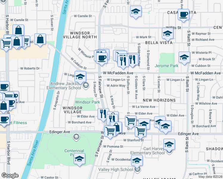 map of restaurants, bars, coffee shops, grocery stores, and more near 1209 South King Street in Santa Ana