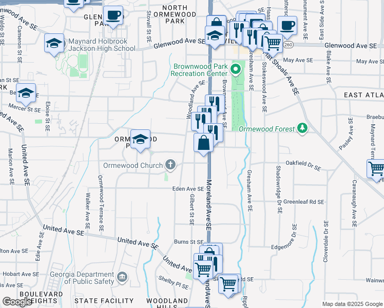 map of restaurants, bars, coffee shops, grocery stores, and more near 1120 Delaware Avenue Southeast in Atlanta