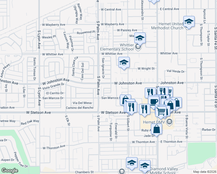 map of restaurants, bars, coffee shops, grocery stores, and more near 776 Portola Drive in Hemet