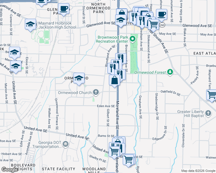 map of restaurants, bars, coffee shops, grocery stores, and more near 1120 Delaware Avenue Southeast in Atlanta