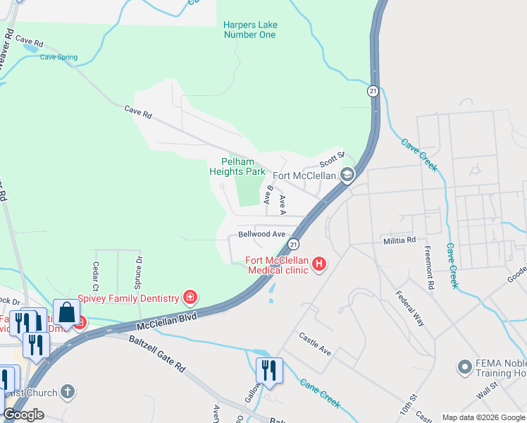 map of restaurants, bars, coffee shops, grocery stores, and more near 1ST Crest Avenue in Anniston