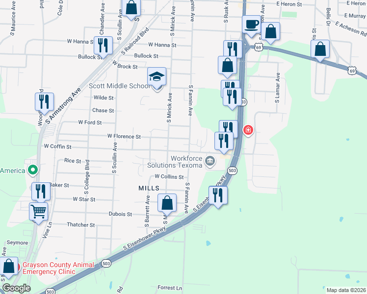 map of restaurants, bars, coffee shops, grocery stores, and more near 504 West Coffin Street in Denison