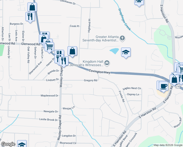 map of restaurants, bars, coffee shops, grocery stores, and more near 4422 Gregory Road in Decatur