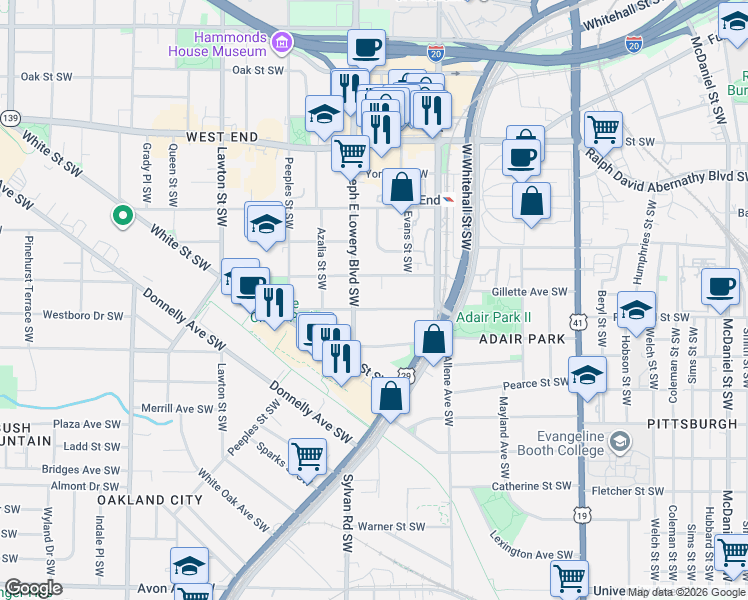 map of restaurants, bars, coffee shops, grocery stores, and more near 885 White Street Southwest in Atlanta