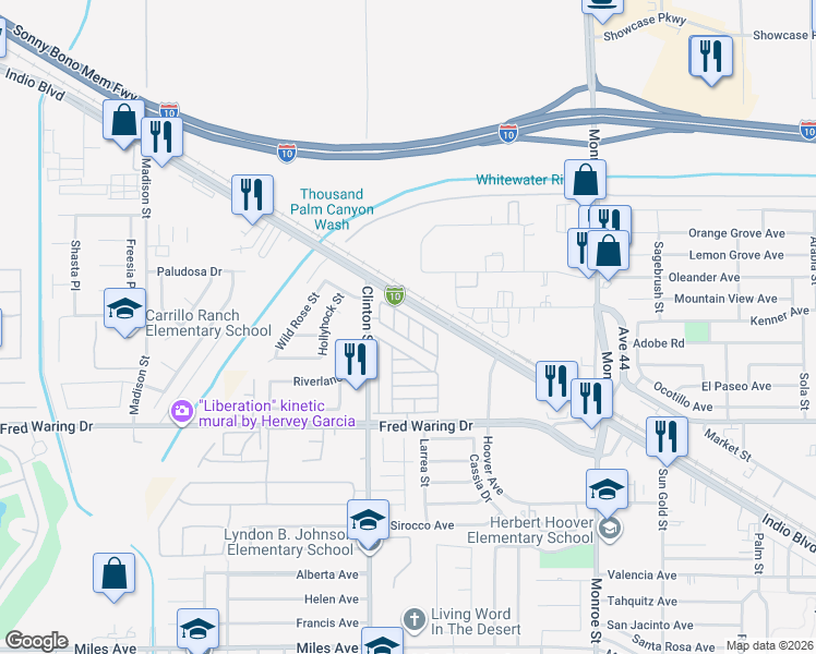 map of restaurants, bars, coffee shops, grocery stores, and more near 43532 Clinton Street in Indio