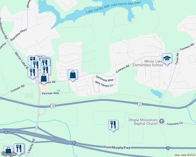 map of restaurants, bars, coffee shops, grocery stores, and more near 2027 Dartmoth Way in Villa Rica