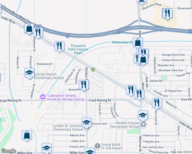 map of restaurants, bars, coffee shops, grocery stores, and more near 310 Shalimar in Indio