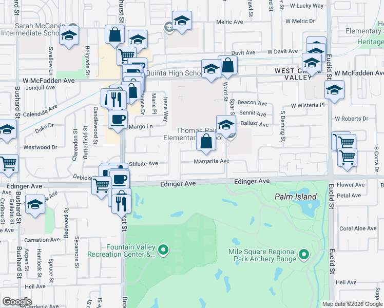 map of restaurants, bars, coffee shops, grocery stores, and more near 15914 Las Flores Street in Fountain Valley