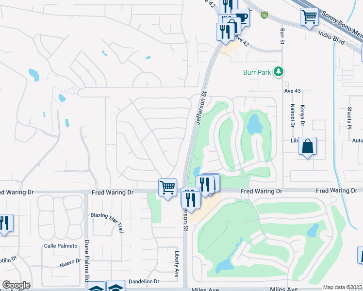map of restaurants, bars, coffee shops, grocery stores, and more near 43625 Parkway Esplanade South in La Quinta