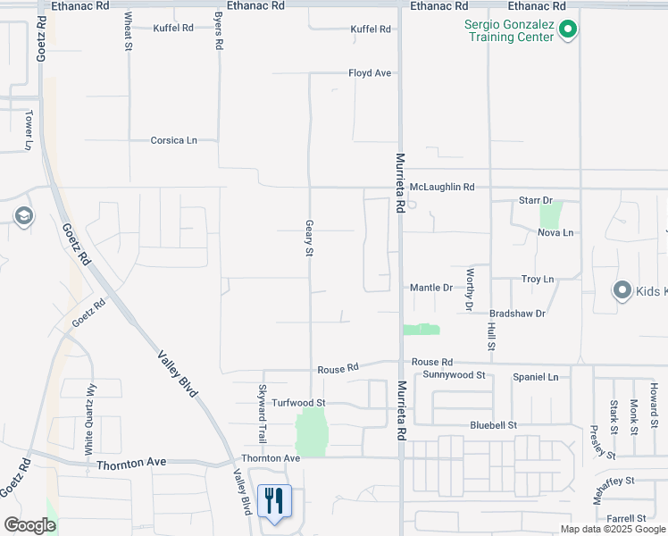 map of restaurants, bars, coffee shops, grocery stores, and more near Geary Street in Menifee