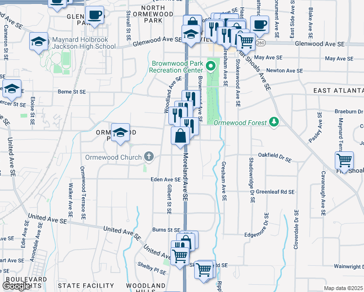 map of restaurants, bars, coffee shops, grocery stores, and more near 799 Moreland Avenue Southeast in Atlanta