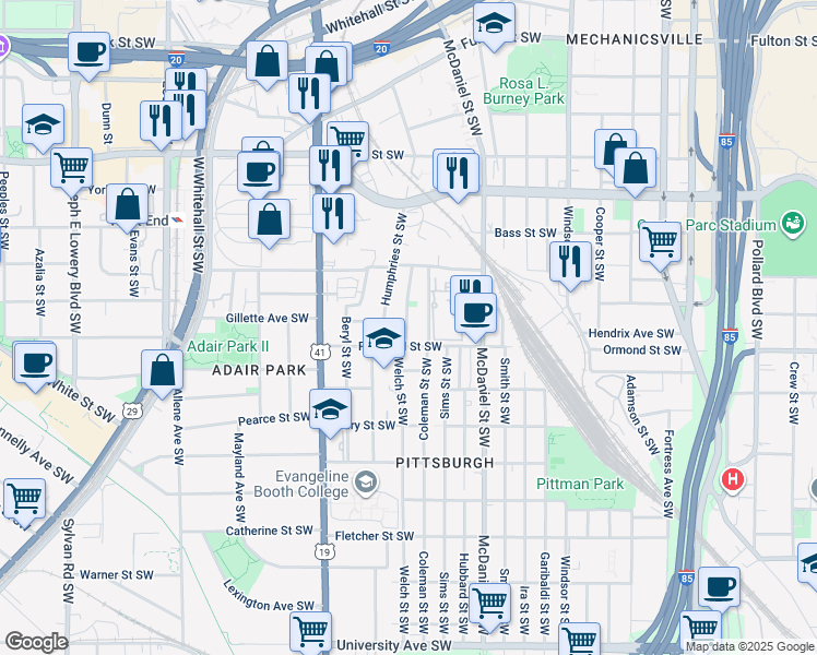 map of restaurants, bars, coffee shops, grocery stores, and more near 820 Welch Street Southwest in Atlanta