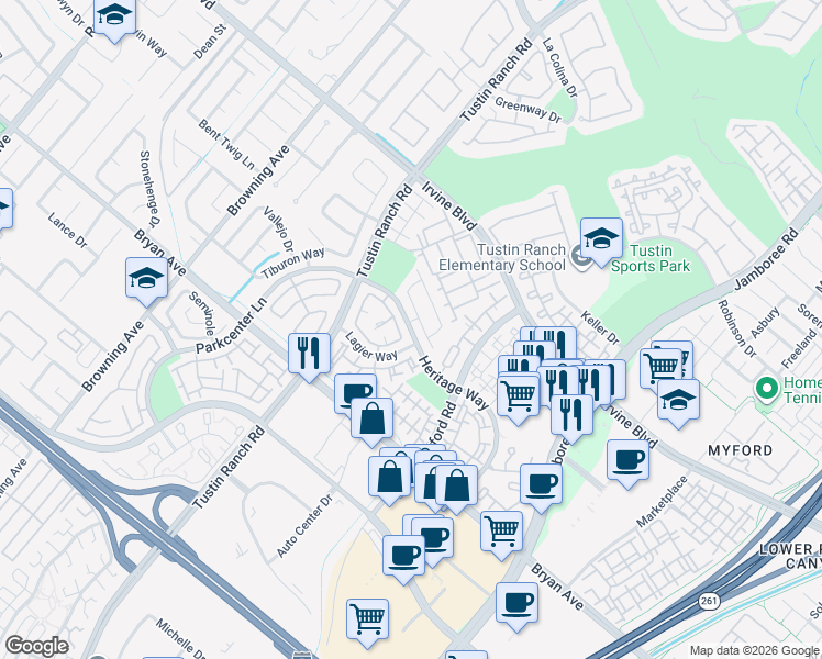 map of restaurants, bars, coffee shops, grocery stores, and more near 320 Heritage Way in Tustin