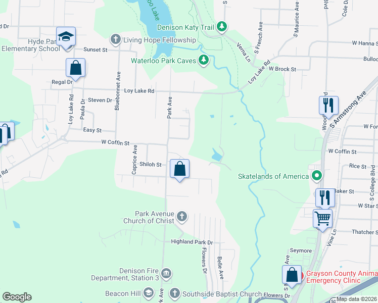 map of restaurants, bars, coffee shops, grocery stores, and more near 2109 Renaissance Drive in Denison