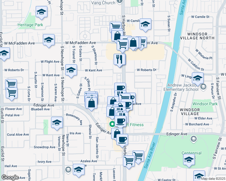 map of restaurants, bars, coffee shops, grocery stores, and more near 11927 Verbena Court in Fountain Valley