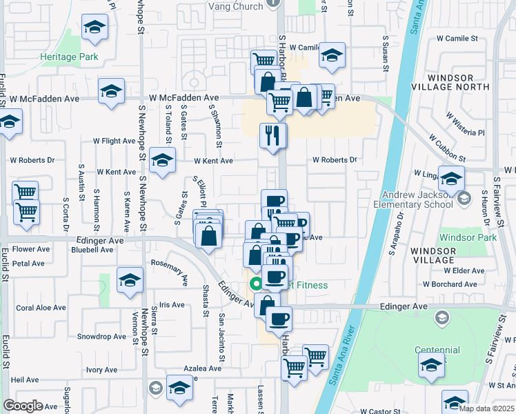 map of restaurants, bars, coffee shops, grocery stores, and more near 11900 Gloxinia Avenue in Fountain Valley