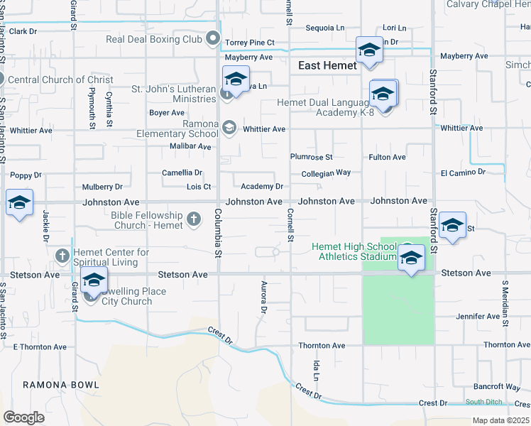 map of restaurants, bars, coffee shops, grocery stores, and more near 41165 Sunset Lane in Hemet
