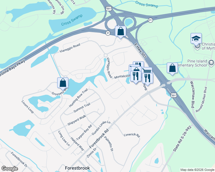 map of restaurants, bars, coffee shops, grocery stores, and more near 5219 Casentino Court in Myrtle Beach