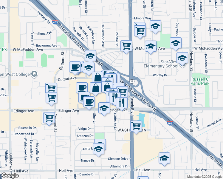 map of restaurants, bars, coffee shops, grocery stores, and more near 7777 Edinger Avenue in Huntington Beach