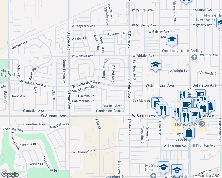 map of restaurants, bars, coffee shops, grocery stores, and more near 1110 Vista Grande Drive in Hemet