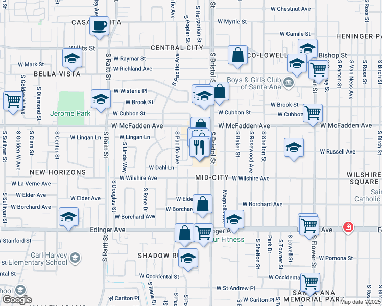 map of restaurants, bars, coffee shops, grocery stores, and more near 1141 South Poplar Street in Santa Ana