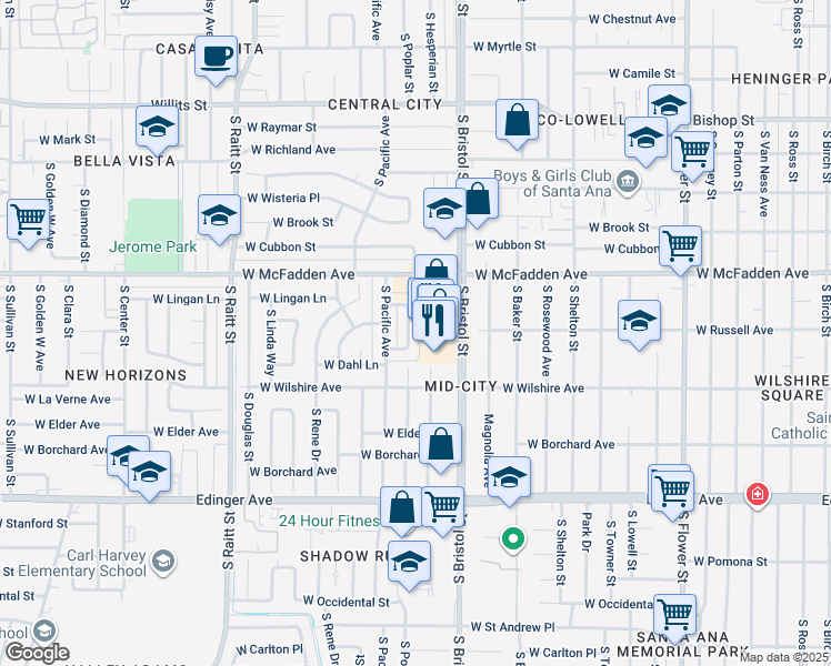 map of restaurants, bars, coffee shops, grocery stores, and more near 1141 South Poplar Street in Santa Ana