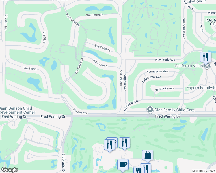 map of restaurants, bars, coffee shops, grocery stores, and more near 76375 Via Chianti in Indian Wells