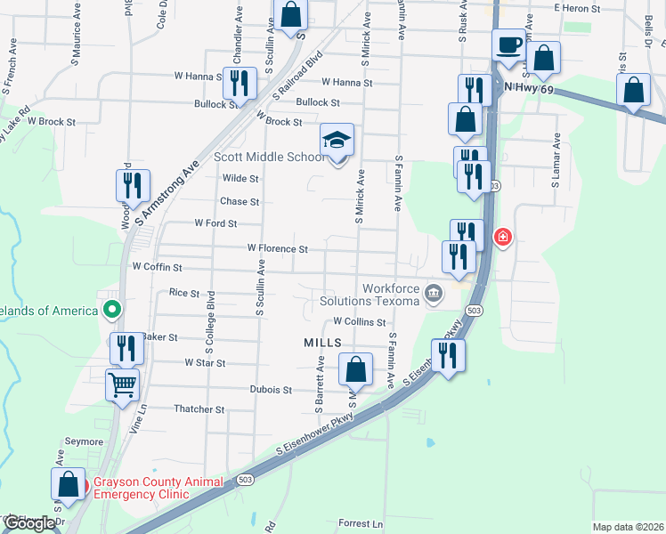 map of restaurants, bars, coffee shops, grocery stores, and more near 700 West Coffin Street in Denison