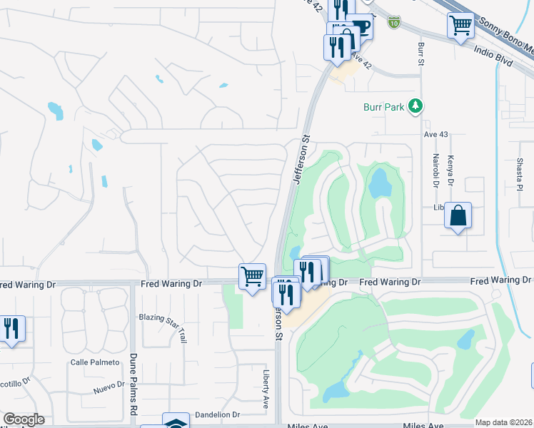 map of restaurants, bars, coffee shops, grocery stores, and more near 43541 Parkway Esplanade East in La Quinta