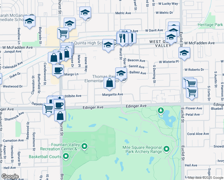map of restaurants, bars, coffee shops, grocery stores, and more near 10422 San Angelo Avenue in Westminster