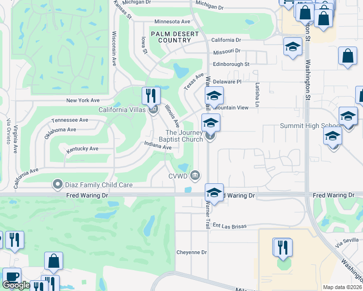 map of restaurants, bars, coffee shops, grocery stores, and more near 43520 Illinois Avenue in Palm Desert