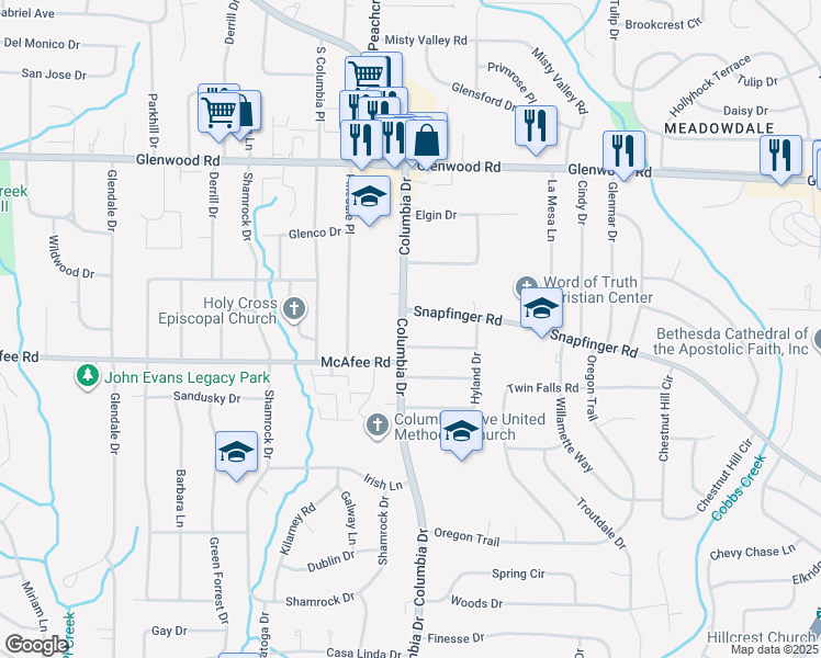 map of restaurants, bars, coffee shops, grocery stores, and more near in Candler-McAfee