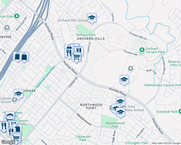 map of restaurants, bars, coffee shops, grocery stores, and more near 56 Painted Cameo in Irvine