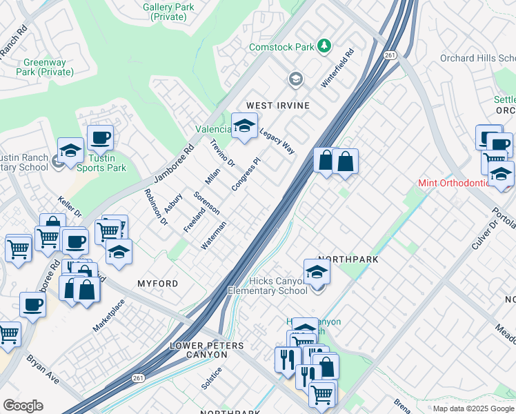 map of restaurants, bars, coffee shops, grocery stores, and more near 80 Glen Arbor in Irvine