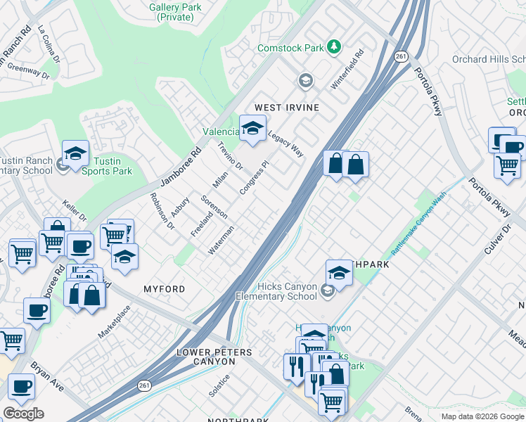 map of restaurants, bars, coffee shops, grocery stores, and more near 80 Glen Arbor in Irvine