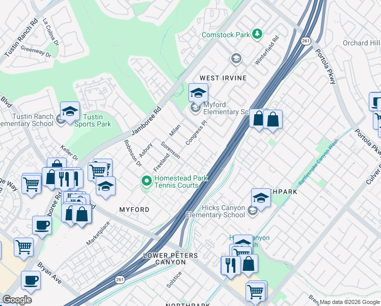 map of restaurants, bars, coffee shops, grocery stores, and more near 59 Sorenson in Irvine