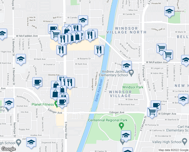 map of restaurants, bars, coffee shops, grocery stores, and more near 243 Palos Verdes Drive in Santa Ana