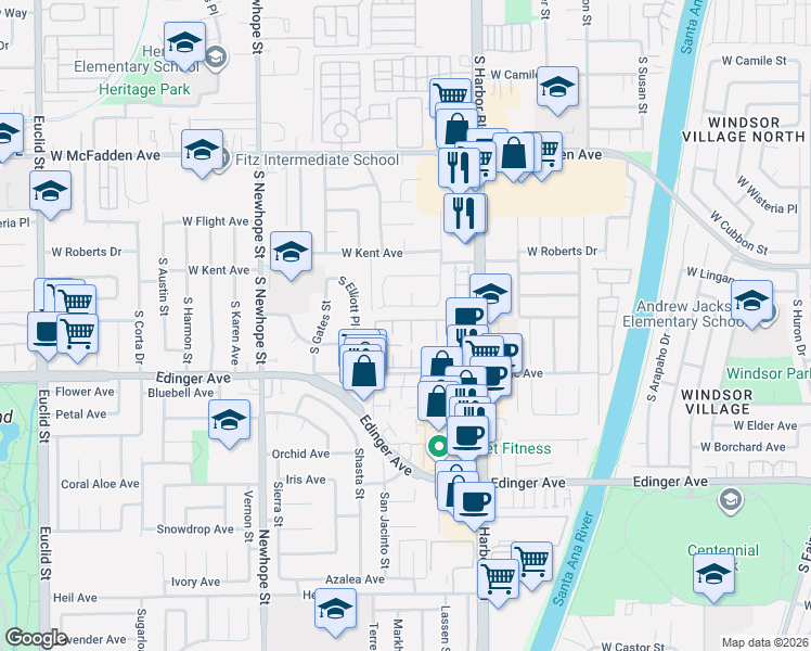 map of restaurants, bars, coffee shops, grocery stores, and more near 15920 Logan Court in Fountain Valley