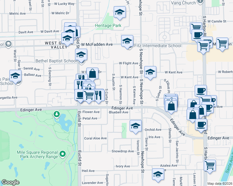 map of restaurants, bars, coffee shops, grocery stores, and more near 1202 South Harmon Street in Santa Ana