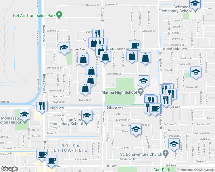 map of restaurants, bars, coffee shops, grocery stores, and more near 5562 Cross Drive in Huntington Beach