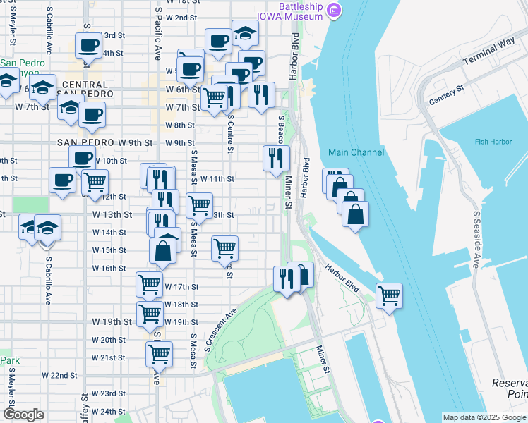 map of restaurants, bars, coffee shops, grocery stores, and more near 1316 South Palos Verdes Street in Los Angeles