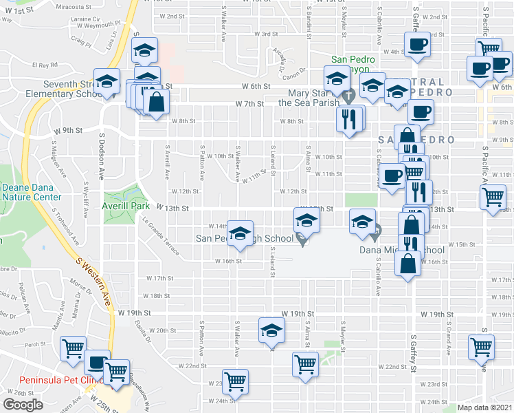 map of restaurants, bars, coffee shops, grocery stores, and more near 1143 West 13th Street in Los Angeles