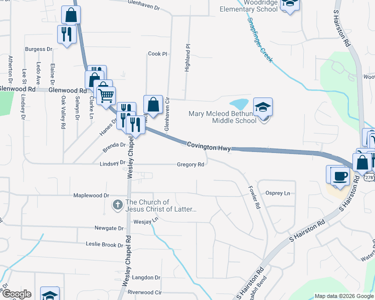 map of restaurants, bars, coffee shops, grocery stores, and more near 4422 Gregory Road in Decatur
