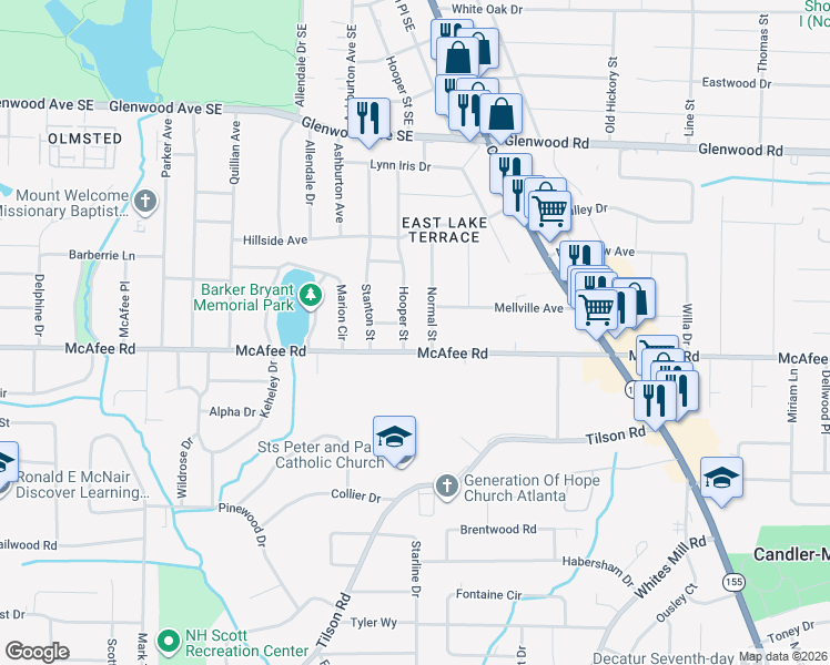 map of restaurants, bars, coffee shops, grocery stores, and more near in Candler-McAfee