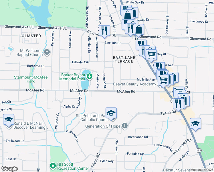 map of restaurants, bars, coffee shops, grocery stores, and more near in Candler-McAfee