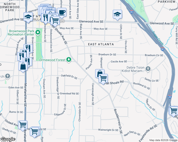 map of restaurants, bars, coffee shops, grocery stores, and more near 820 Flat Shoals Avenue Southeast in Atlanta